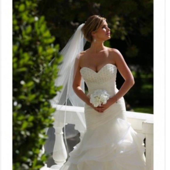 SAMPLE Ivory Wedding Dress, Sexy Blingy Ruffle Strapless Mermaid Fit & Flare - Picture 5 of 6